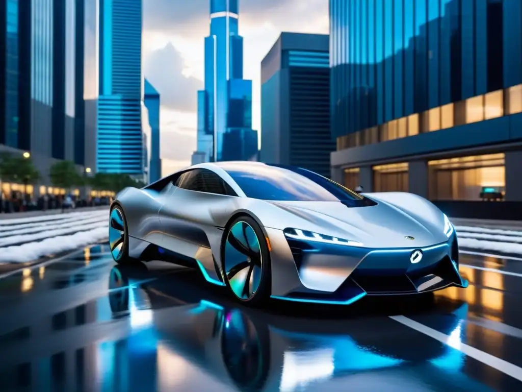 Portal interdimensional: transporte futurista en la ciudad Transporte interdimensional en series: Un vehículo plateado futurista flota sobre un portal iridiscente en una ciudad urbana y tormentosa