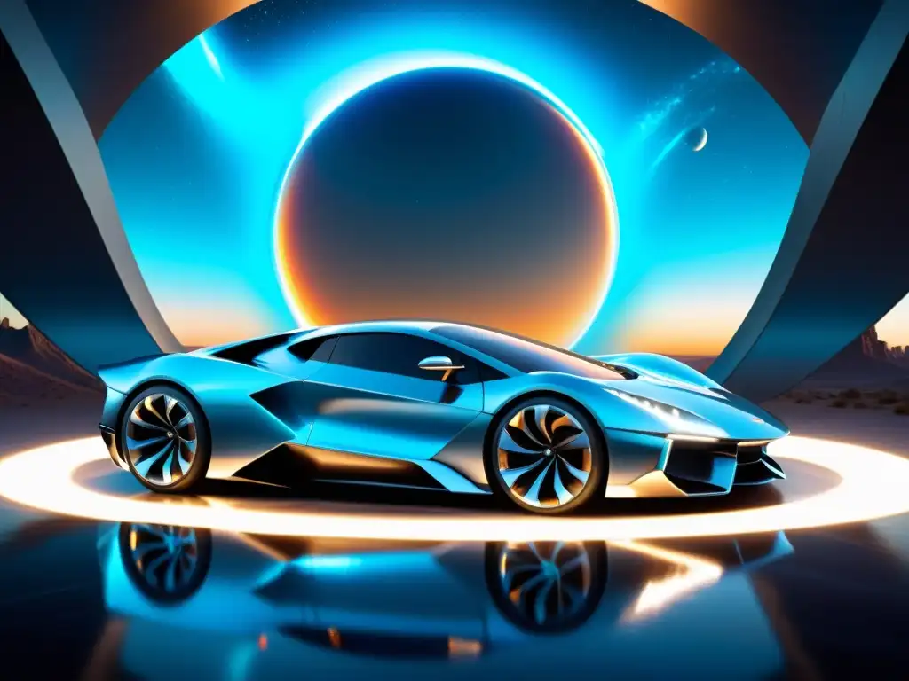 Vehículo interdimensional emergiendo de portal iridiscente Transporte interdimensional en series: Un vehículo futurista emerge de un portal iridiscente, rodeado de tecnología avanzada y paisajes alienígenas