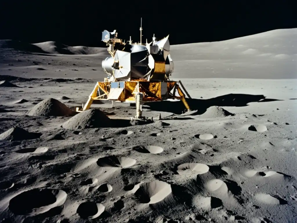 Transporte lunar histórico: detallada imagen de la nave Apollo 11 en la luna, con la huella de Neil Armstrong a su lado, bajo la luz lunar