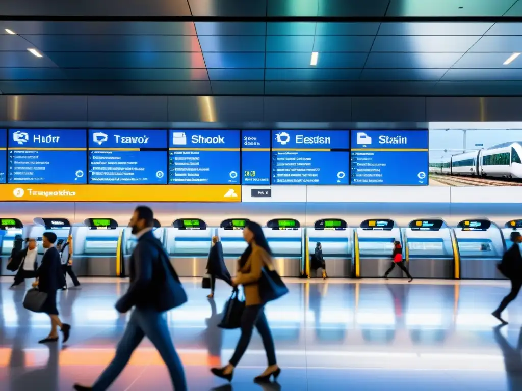 Estación de transporte moderna con arquitectura futurista, luz natural y eficiencia en la información de llegadas y salidas