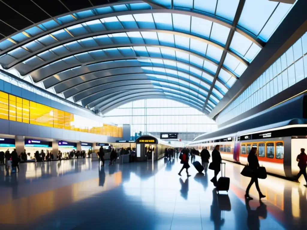 Estación de transporte moderna y vibrante, reflejando la evolución de estaciones de transporte en centros de actividad social