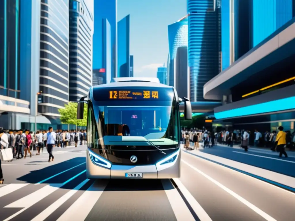 Automatización en el transporte público: Futurista autobús automatizado en bulliciosa ciudad moderna