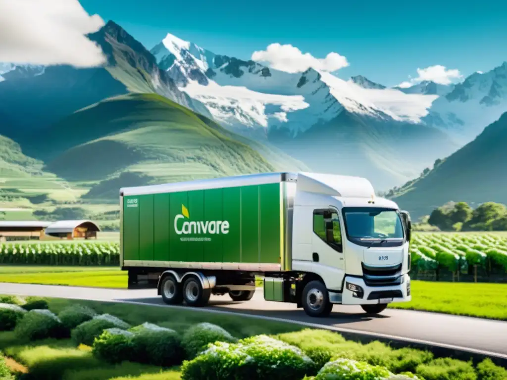 Camión de transporte refrigerado eléctrico con prácticas ecológicas en un paisaje verde y montañoso, mostrando productos frescos