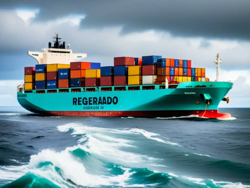 Transporte refrigerado marítimo innovaciones: Barco carguero con contenedores refrigerados navegando en aguas turbulentas bajo un cielo nublado, destaca la complejidad y escala del transporte marítimo refrigerado