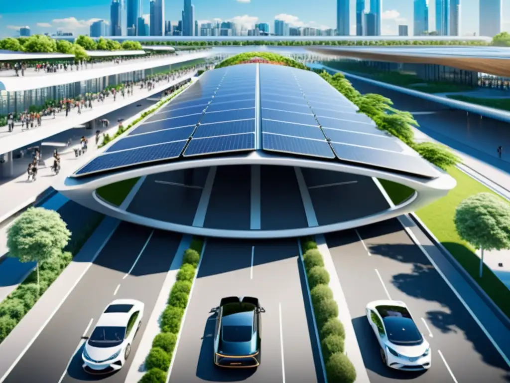 Estación de transporte sostenible con paneles solares, vegetación integrada y flujo ordenado de viajeros, rodeada de ciclovías y peatonales, bajo cielos azules y un horizonte urbano