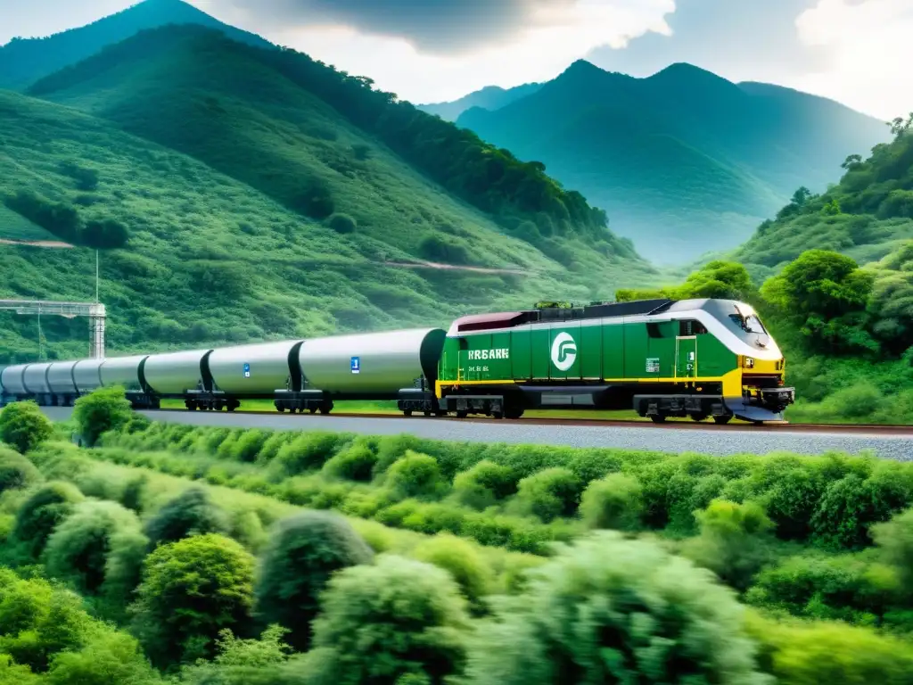 Transporte sostenible de sustancias nocivas en moderno tren de carga, con tecnología ecoamigable y seguridad avanzada en entorno natural