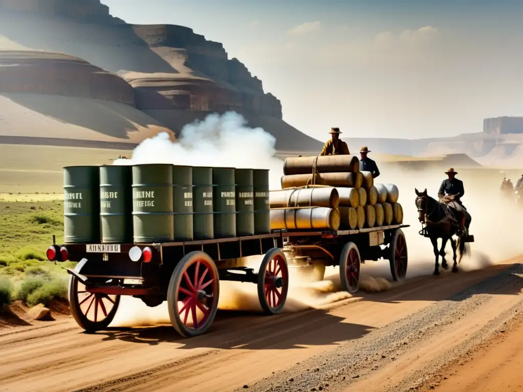 Transporte sostenible de sustancias nocivas: Antiguo convoy de materiales peligrosos transportado en carretas de caballos por un paisaje montañoso y polvoriento