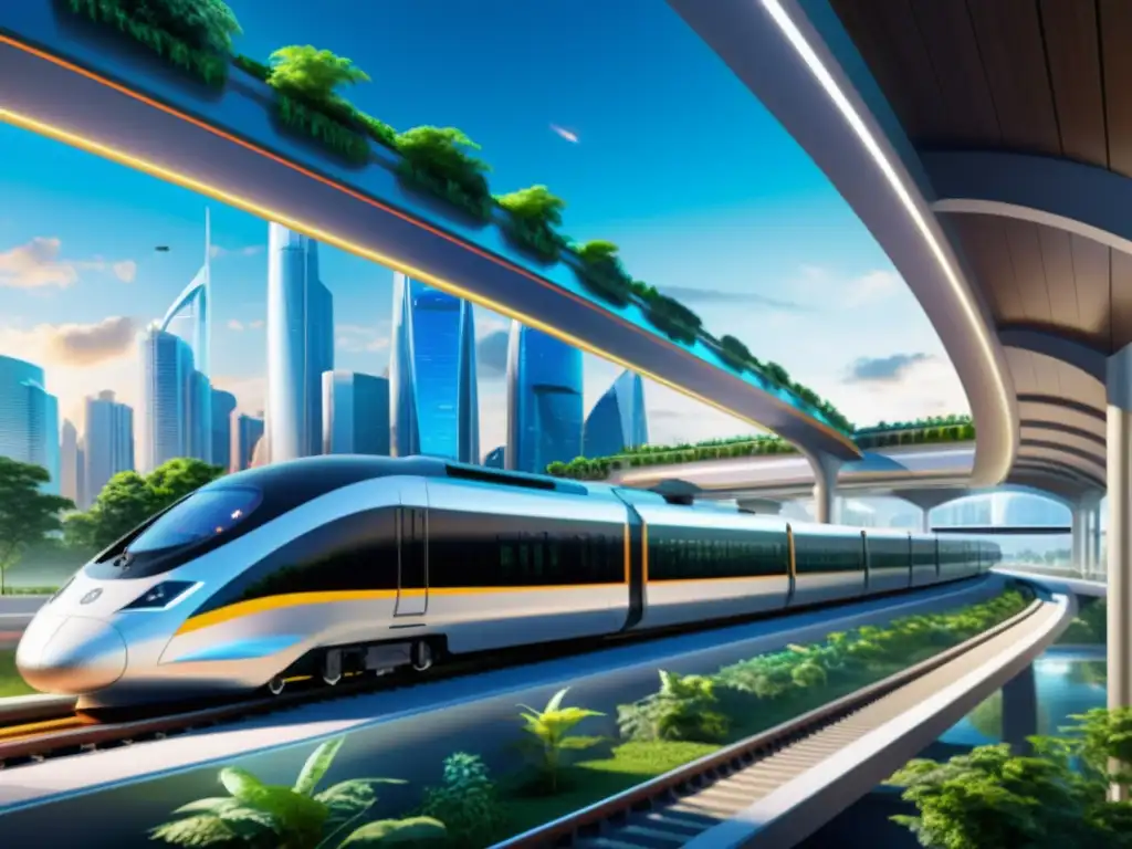 Una futurística estación de transporte con trenes aerodinámicos y eficiencia