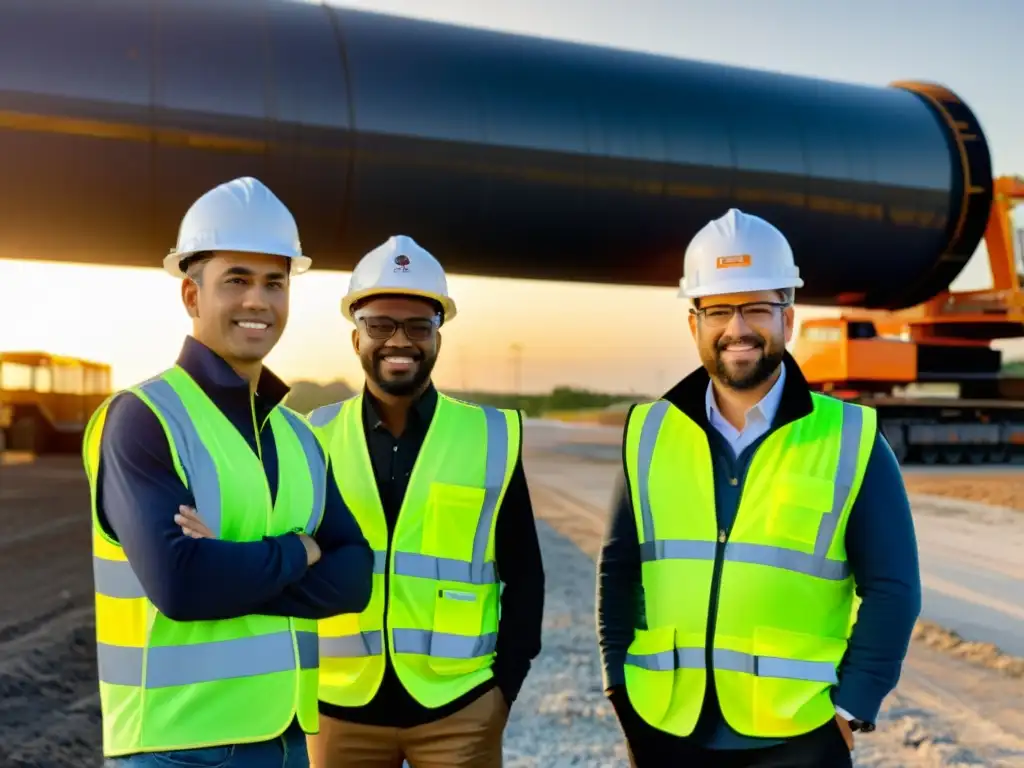 Ingeniería de Transportes innovadora: Equipo diverso de ingenieros orgullosos frente a innovador proyecto al atardecer