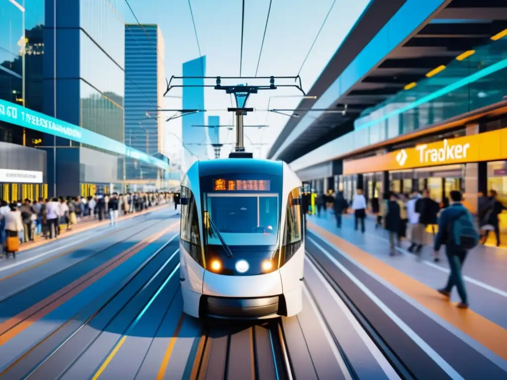 Tranvía moderno circula en bullicioso centro de transporte urbano, destacando el potencial de blockchain en el transporte seguro