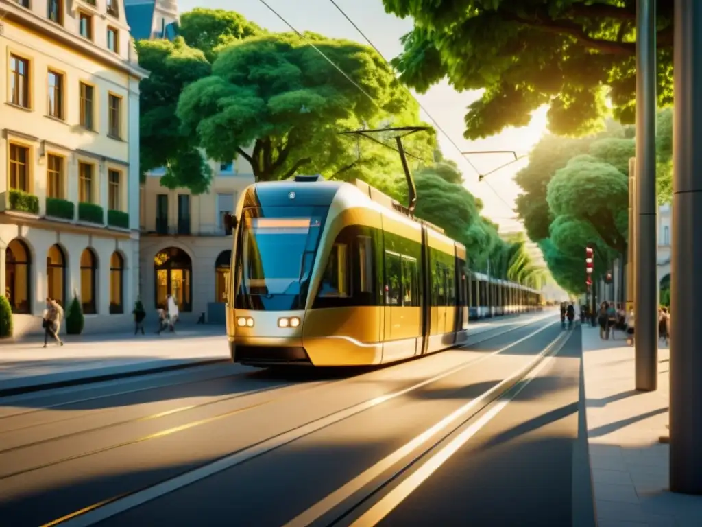 Tranvía moderno en ciudad europea ecológica, rodeado de vegetación, arquitectura armoniosa y vida urbana vibrante al atardecer