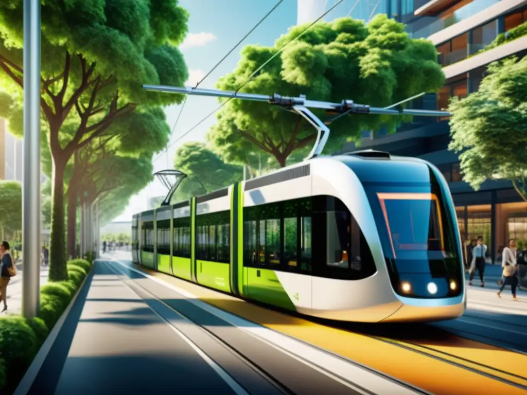 Tranvía eléctrico moderno y ecoamigable en la ciudad Un tranvía eléctrico moderno y elegante recorre una calle urbana arbolada, con un diseño ecológico y espacioso