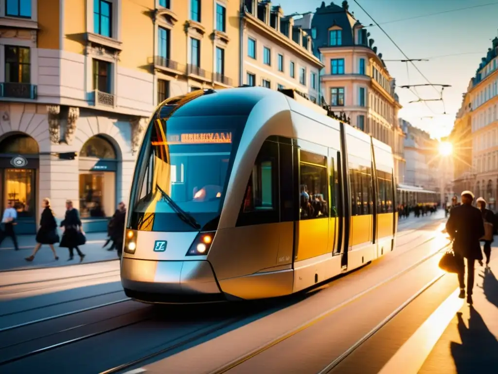 Tranvía moderno en una encantadora ciudad europea al atardecer, iluminando la arquitectura histórica con una suave luz dorada