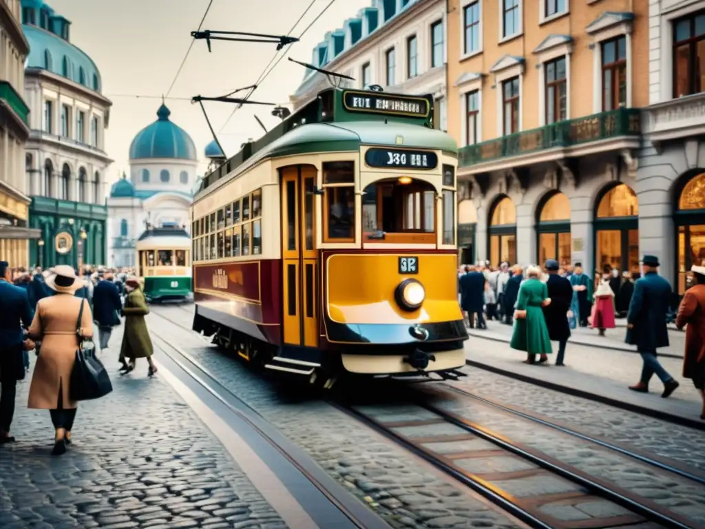 Un tranvía vintage en una ciudad bulliciosa, preservar transporte histórico en ciudad futurista