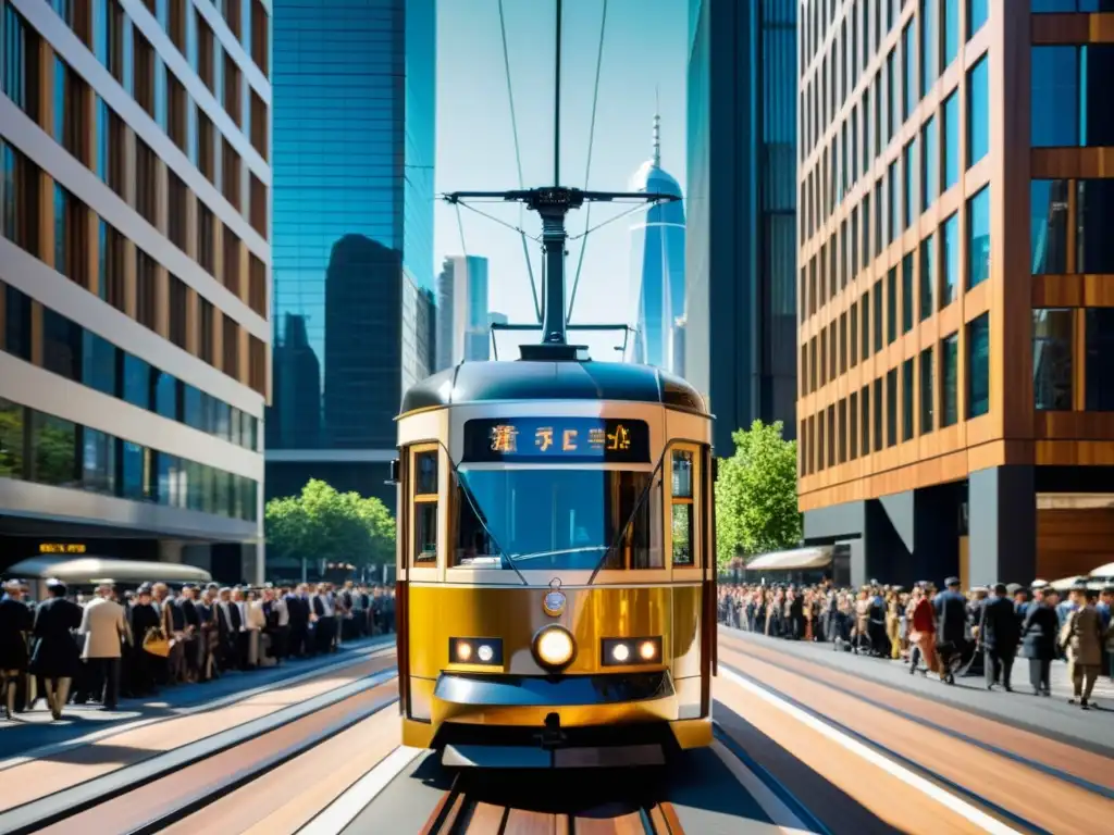 Un tranvía vintage restaurado avanza entre rascacielos futuristas, preservando transporte histórico en ciudad futurista