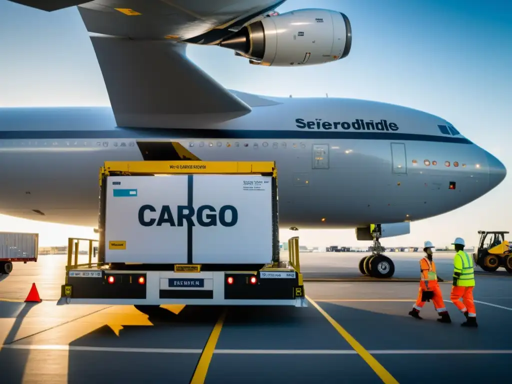 Carga aérea de materiales peligrosos: protocolos de seguridad Traslado aéreo de mercancías peligrosas: avión cargado con precaución y trabajadores en equipo con equipo de protección