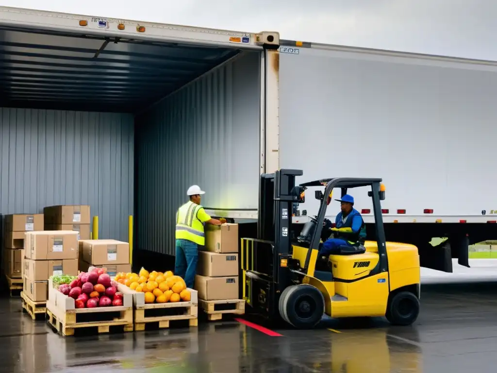 Descarga eficiente de productos frescos en un muelle refrigerado Traslado eficiente de productos frescos en muelle refrigerado, resaltando la importancia de coberturas seguros transporte refrigerado