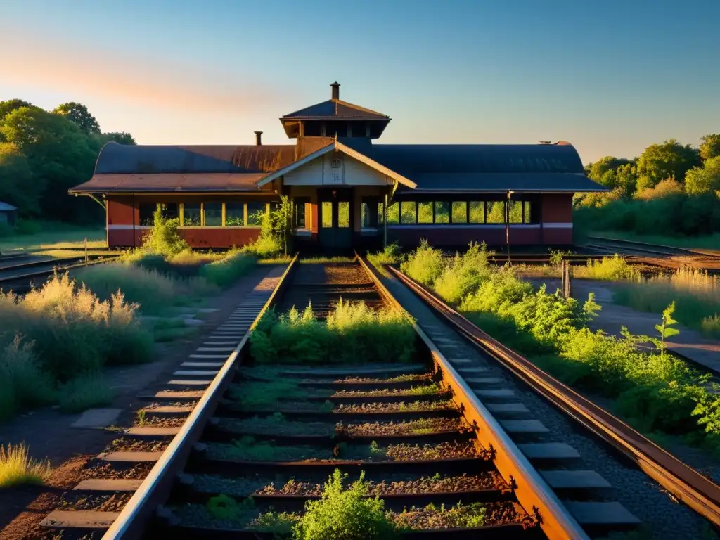 La estación de tren abandonada al atardecer transmite una atmósfera evocadora y solitaria