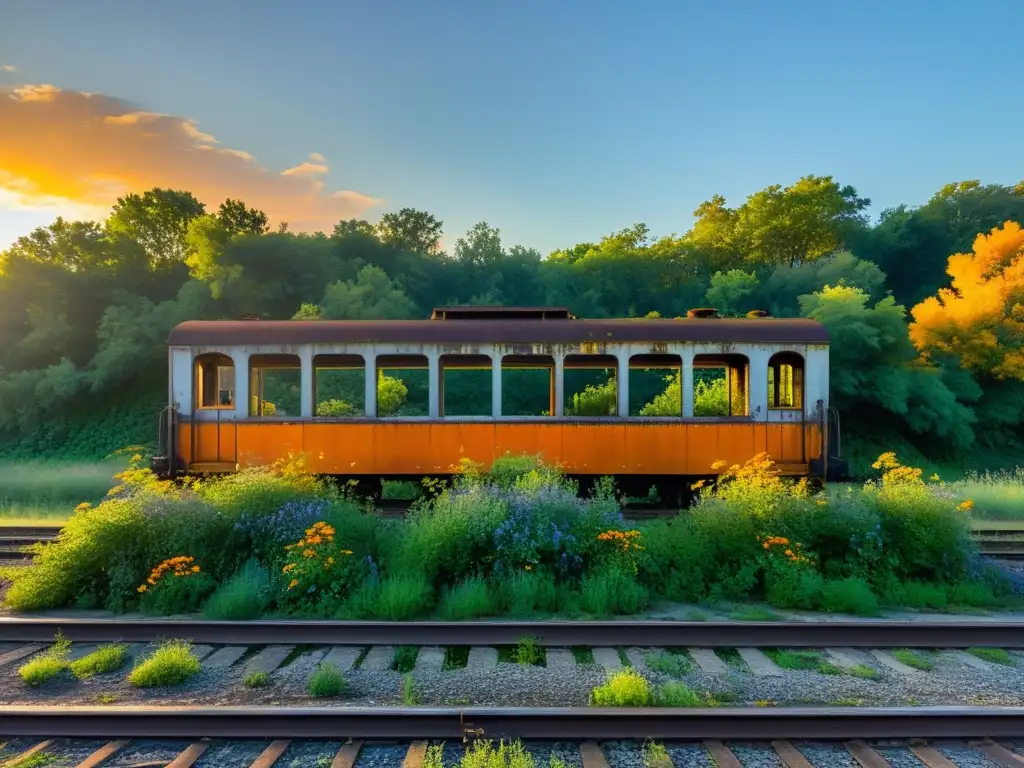 Estación de tren abandonada con naturaleza reclamando vías y vagones oxidados, el sol se pone en el horizonte