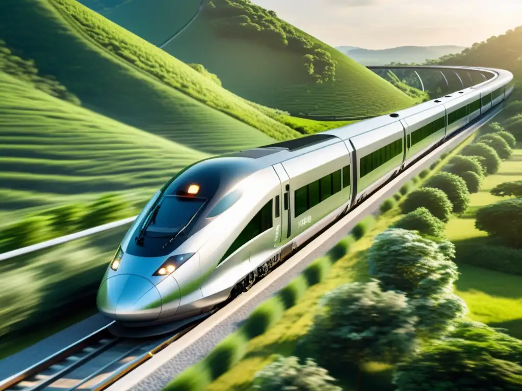 Un tren de alta velocidad alternativa ecoamigable, deslizándose suavemente por la vía, rodeado de exuberante naturaleza