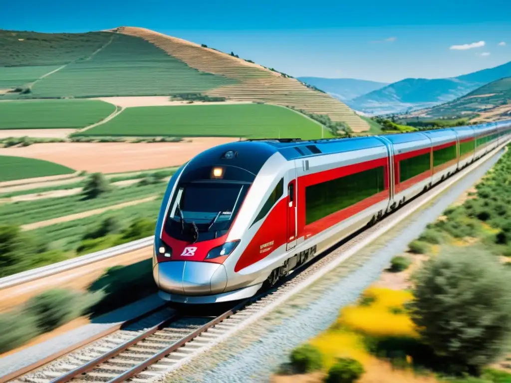 Un tren de alta velocidad AVE avanza a toda velocidad por vías modernas, con un fondo de hermoso paisaje español