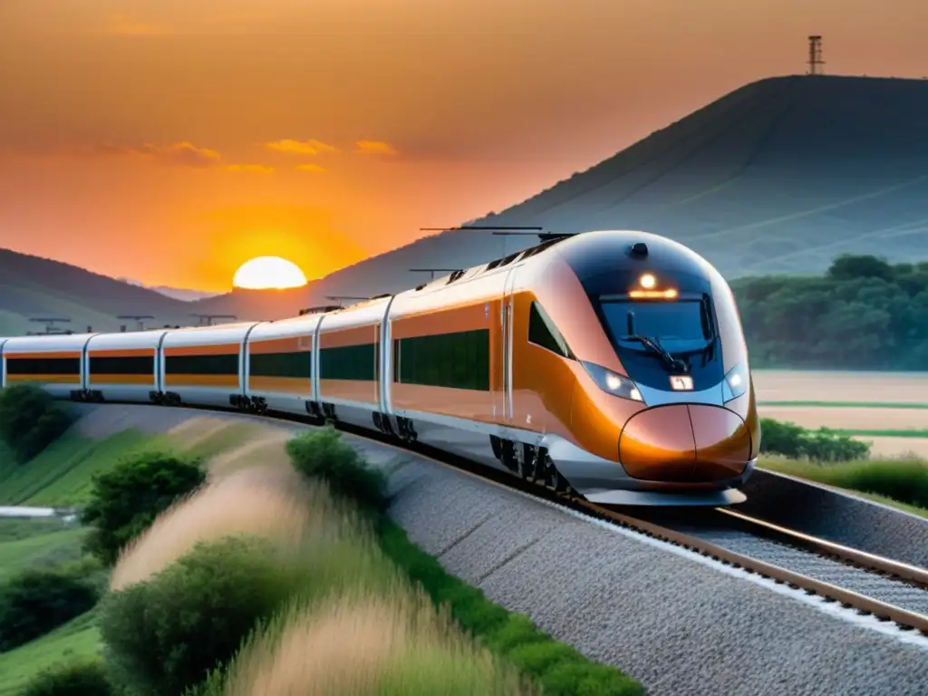 Un tren de alta velocidad recorre suavemente una vía curva al atardecer, mostrando su diseño elegante y la integración en paisajes urbanos y rurales