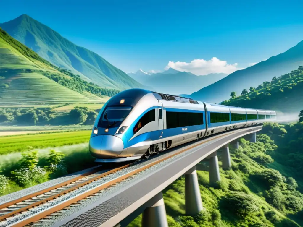 Un tren de alta velocidad ecoamigable surcando paisajes naturales, ofreciendo una alternativa ecoamigable a los viajes