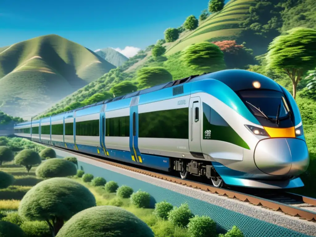 Tren de alta velocidad atravesando un exuberante paisaje verde, sin emisiones visibles, mostrando su impacto ecofriendly en el medio ambiente