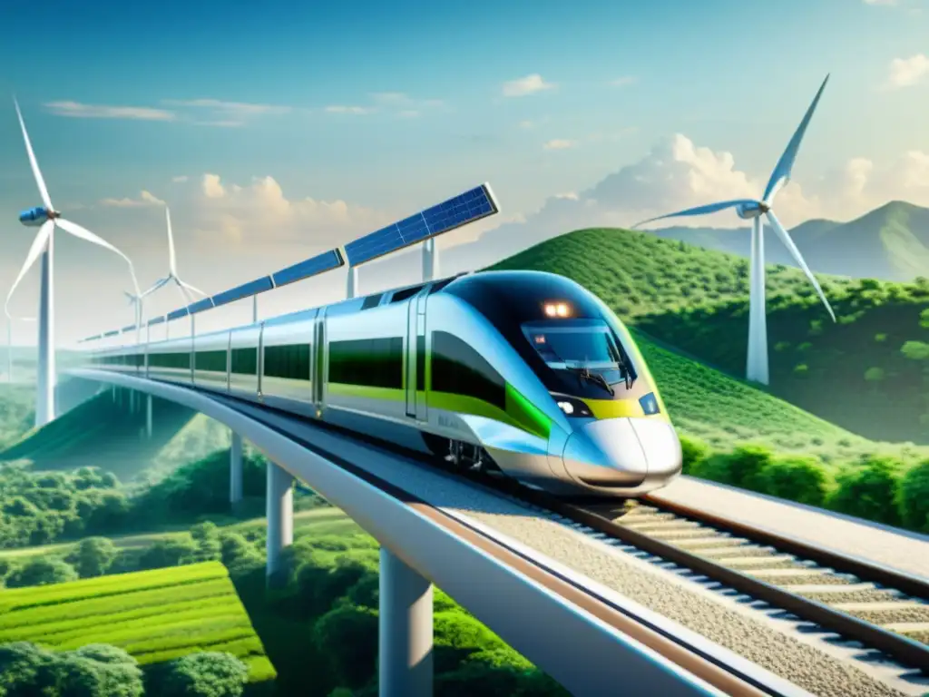 Un tren de alta velocidad recorre paisajes verdes con paneles solares y turbinas eólicas, mostrando innovación en transporte sostenible