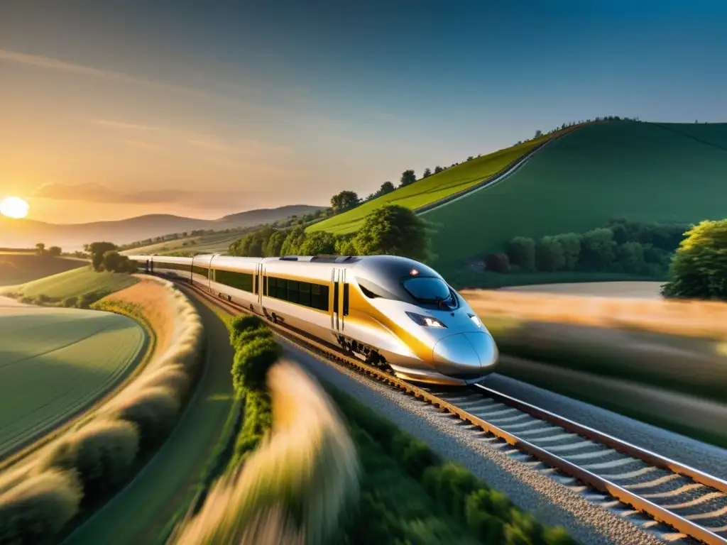 Un tren de alta velocidad recorre paisajes pintorescos al atardecer, fusionando tecnología e encanto clásico