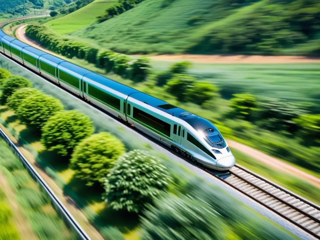 Un tren de alta velocidad recorre majestuosamente paisajes verdes, fusionando tecnología y naturaleza con impacto tren alta velocidad ciudades