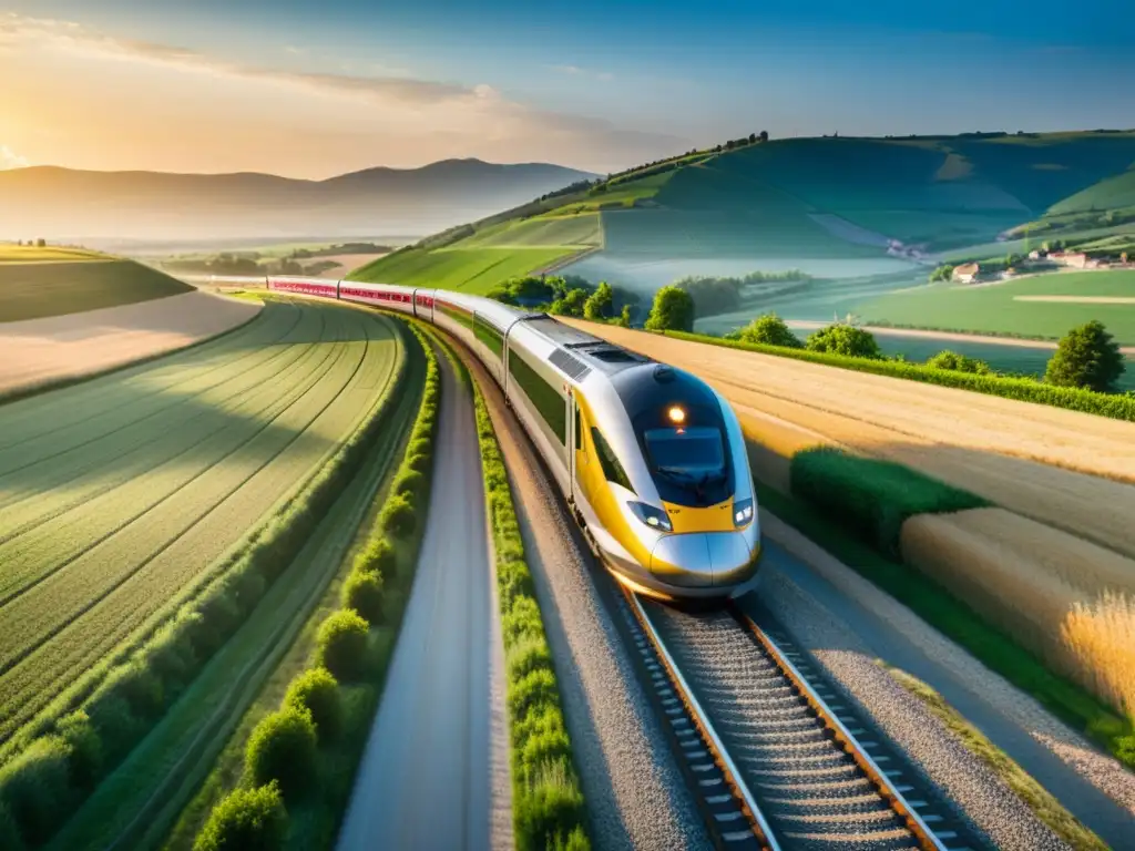 Un tren de alta velocidad recorre un pintoresco campo europeo al atardecer, simbolizando la unificación de las regulaciones ferroviarias en Europa