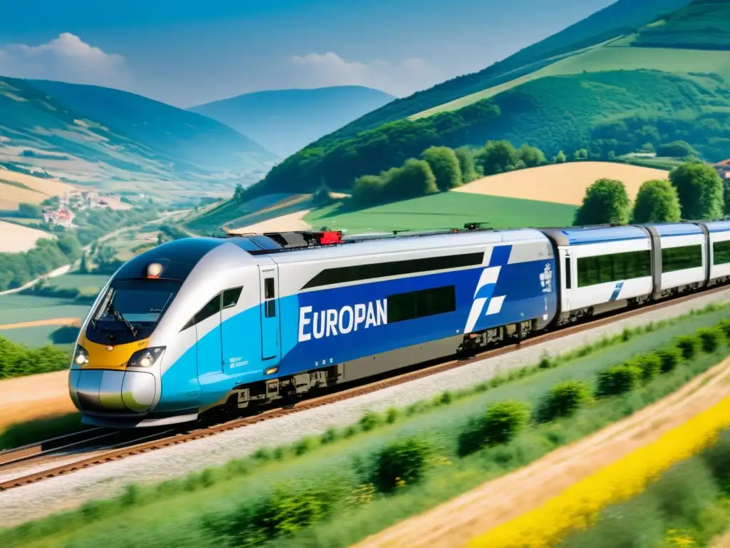 Un tren de alta velocidad recorre pintorescos paisajes europeos, representando la unificación de regulaciones ferroviarias en la Unión Europea