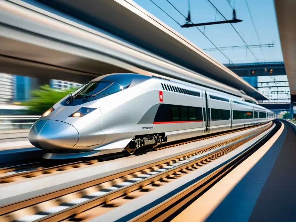 Un tren de alta velocidad plateado se desliza entre rascacielos, reflejando el sol