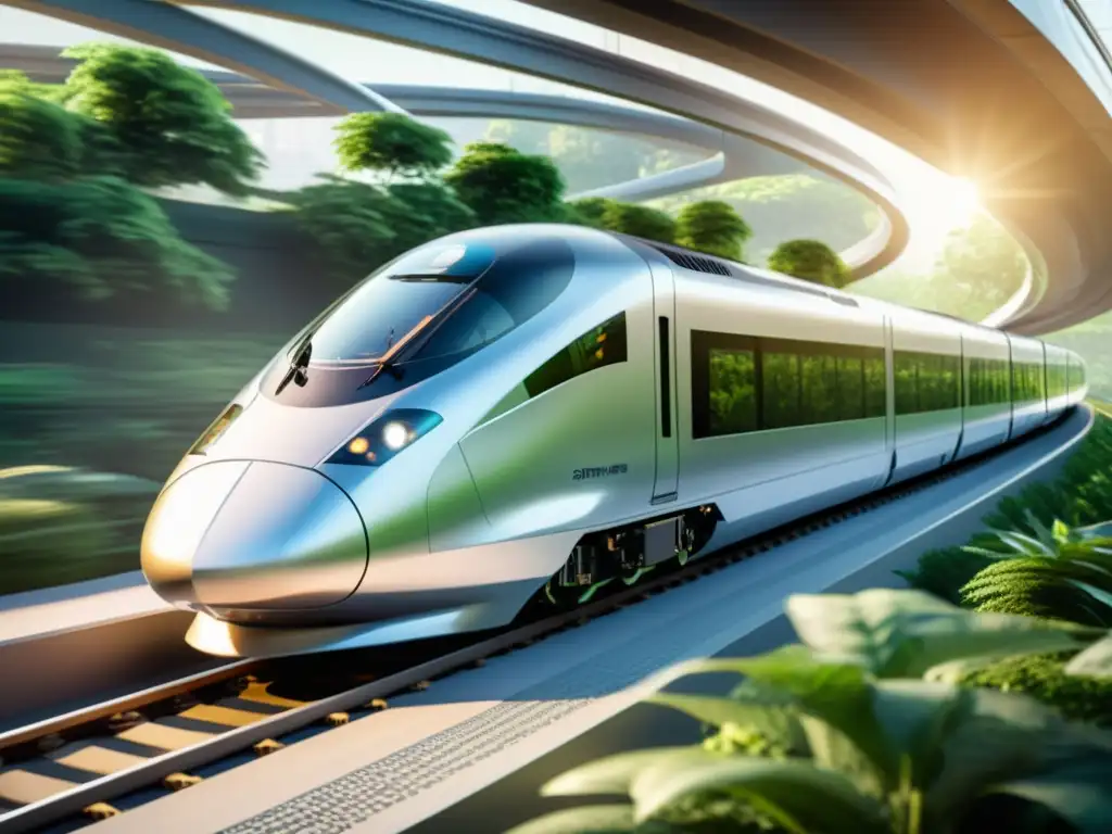 Un tren de alta velocidad plateado y blanco avanza suavemente en una vía curva, rodeado de vegetación exuberante y arquitectura urbana ecológica