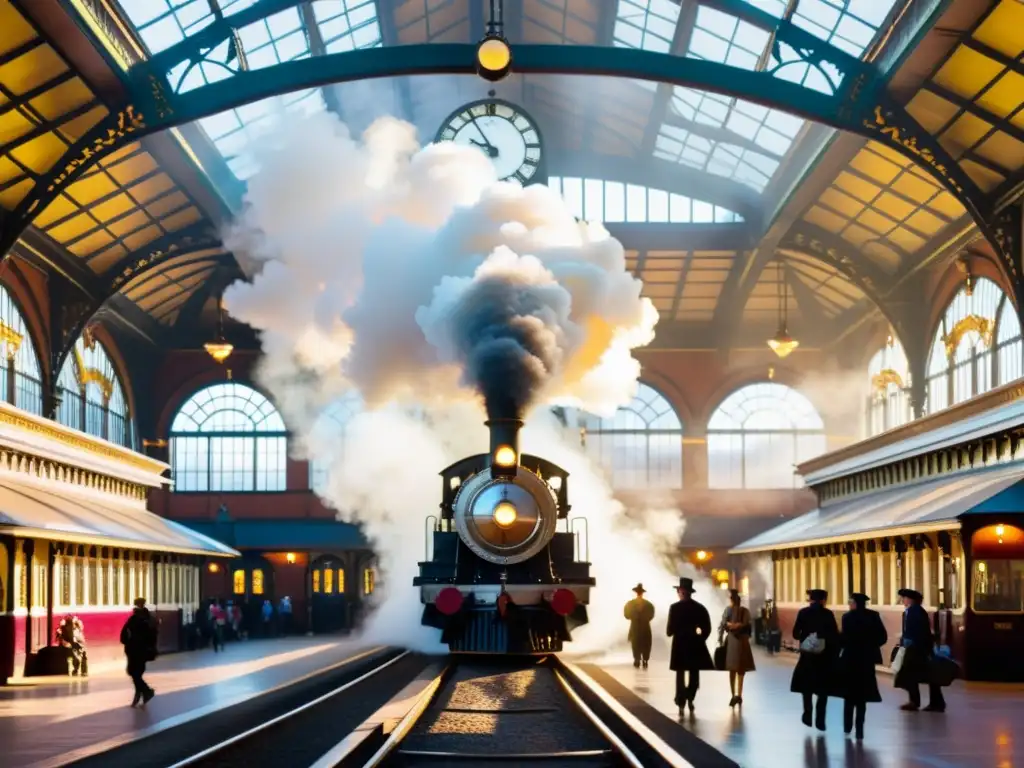 Estación de tren antigua con encanto victoriano, pasajeros en el andén y locomotora de vapor, evocando nostalgia y encanto atemporal