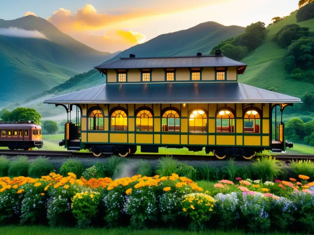 Estación de tren antigua y pintoresca en un valle verde, con el atardecer dorado iluminando la escena y el bullicio de viajeros