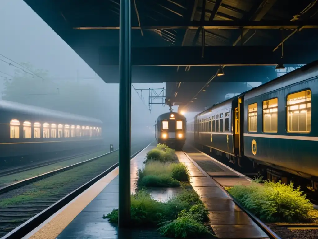 Un tren antiguo y tenebroso llega a una plataforma desierta y cubierta de niebla en la noche, evocando miedo y misterio en el transporte