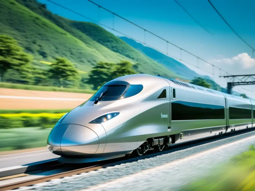 Un tren bala de lujo surca veloces rieles, reflejando paisajes en su exterior