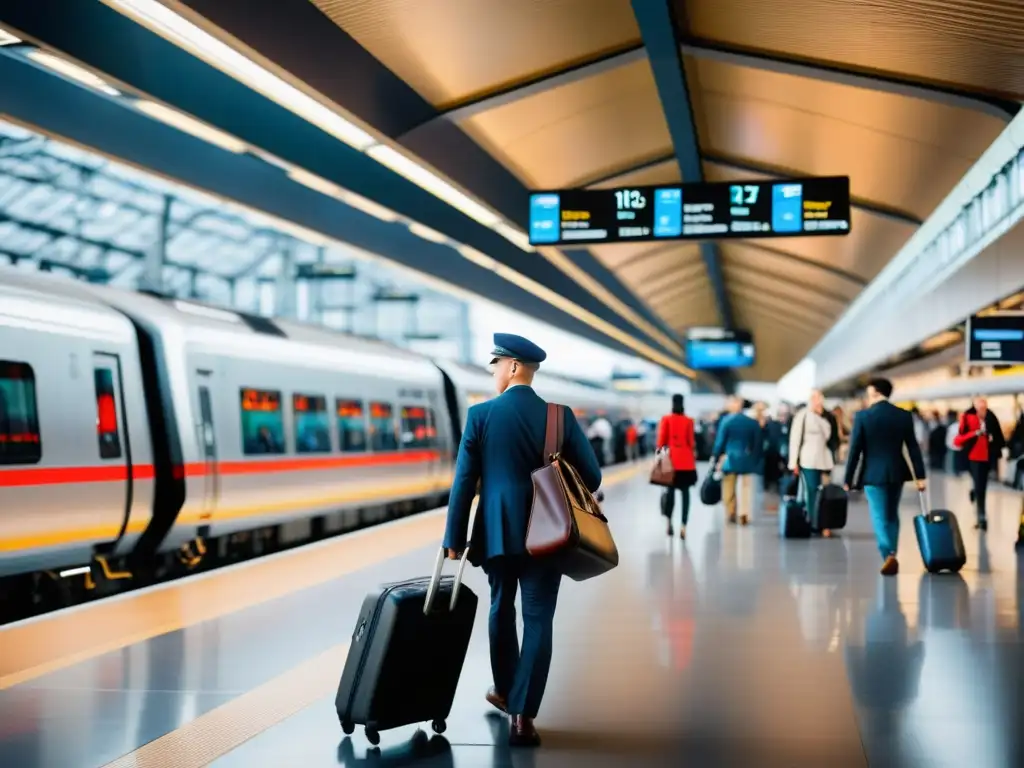 Estación de tren bulliciosa con impacto en alta velocidad turismo, modernos trenes y viajeros animados