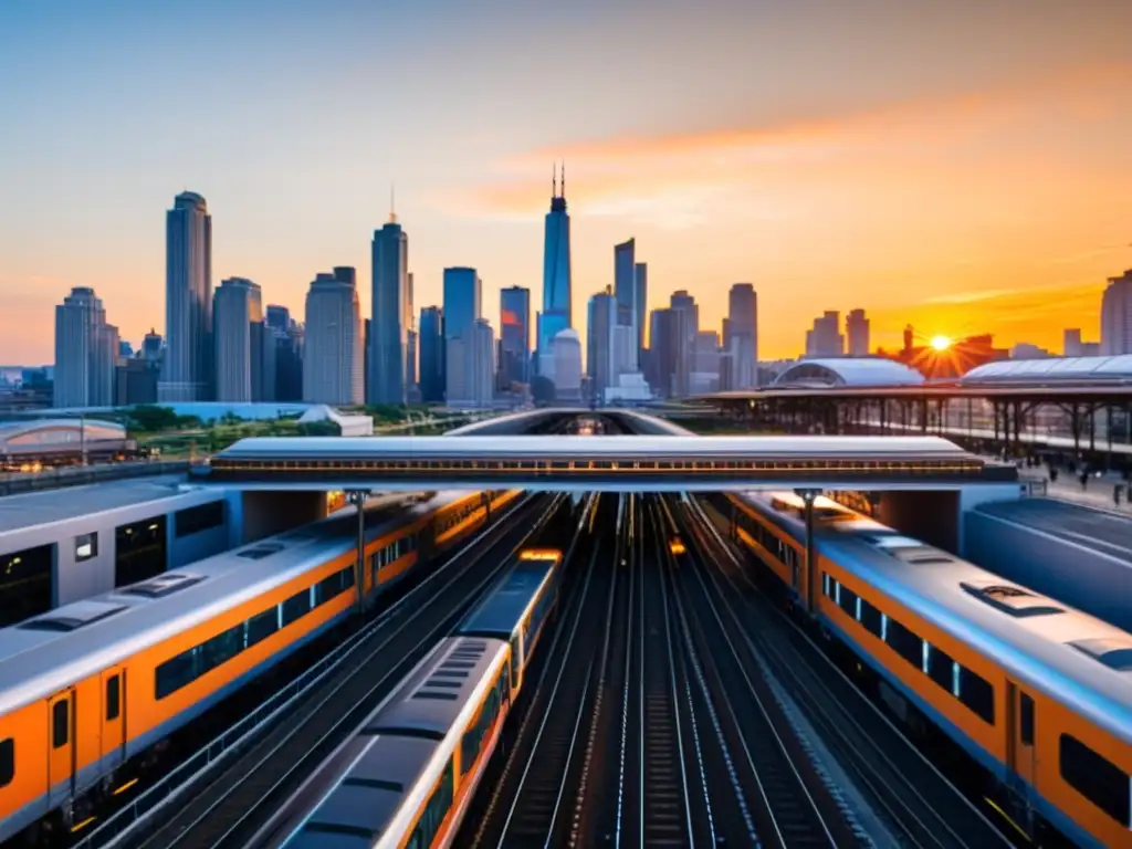 Estación de tren bulliciosa en el límite urbano con vías y rascacielos, pasajeros y trenes en movimiento bajo la cálida luz del atardecer