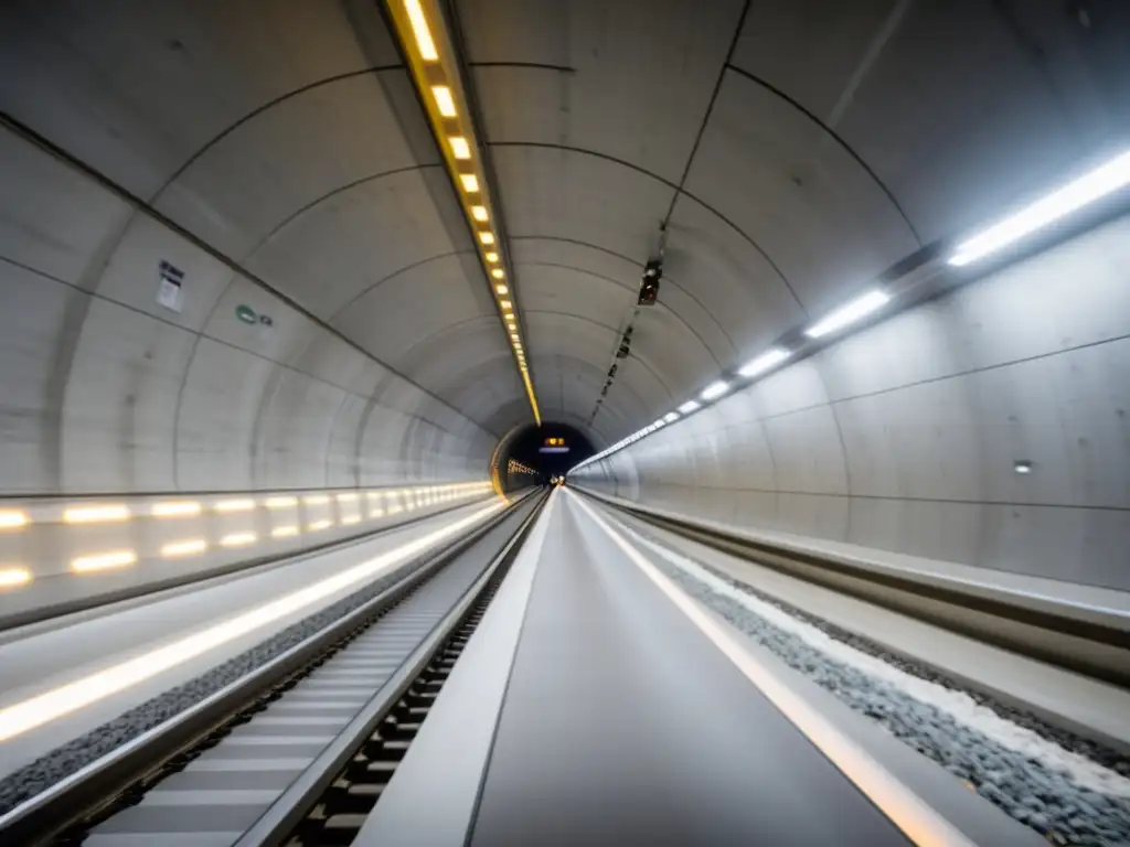 Un tren de carga de alta velocidad atraviesa el interior iluminado del Túnel de Base de Gotthard