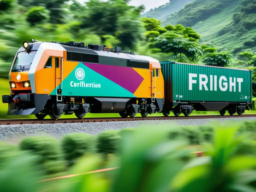 Un tren de carga recorre un paisaje exuberante, destacando su ecoetiquetado y prácticas sostenibles