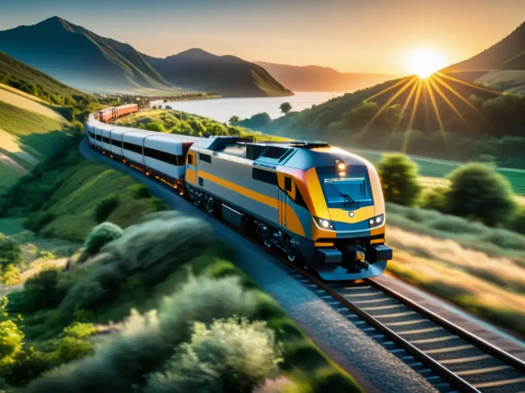 Un tren de carga con tecnología blockchain recorre un paisaje al atardecer, simbolizando la eficiencia en la industria del transporte