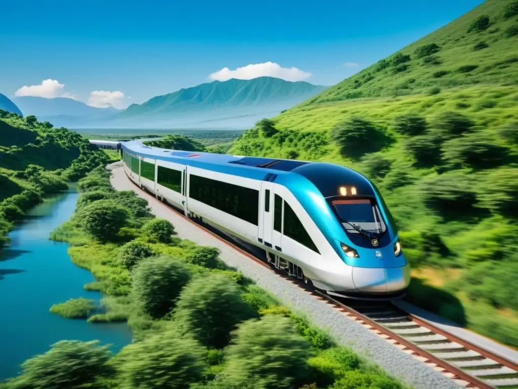 Un tren ecoamigable y futurista viaja por un paisaje natural preservado