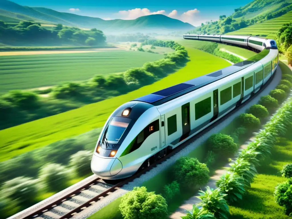 Un tren ecológico viaja por paisajes naturales, promoviendo viajes ferroviarios temáticos principiantes