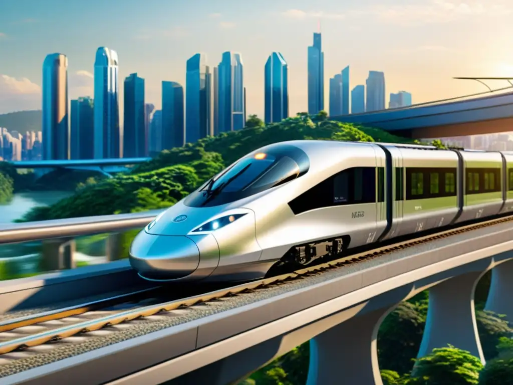 Un tren eléctrico futurista y elegante se desliza por una vía curva, destacando el diseño aerodinámico y la tecnología energéticamente eficiente