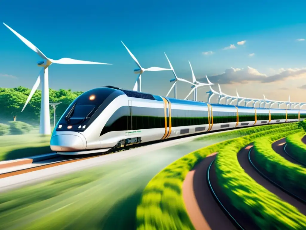 Un tren eléctrico futurista con energía renovable recorre un paisaje exuberante