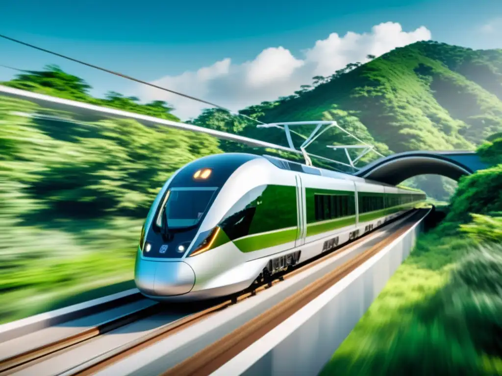 Un tren eléctrico futurista y silencioso avanza entre exuberante vegetación, destacando su enfoque en tecnologías emergentes transporte silenciosos