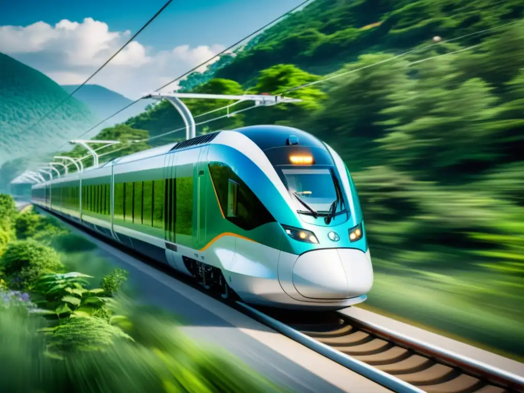 Un tren eléctrico moderno y aerodinámico, con colores eco-friendly, avanza en una vía curva